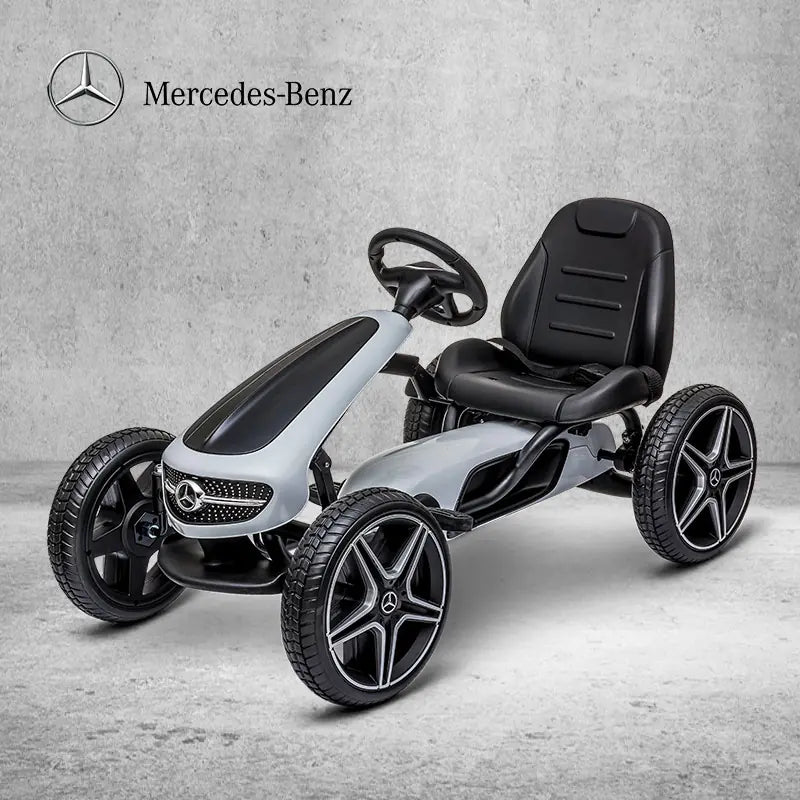 Mercedes kids go-kart pedal bike in silver color with sporty design and comfortable seat.