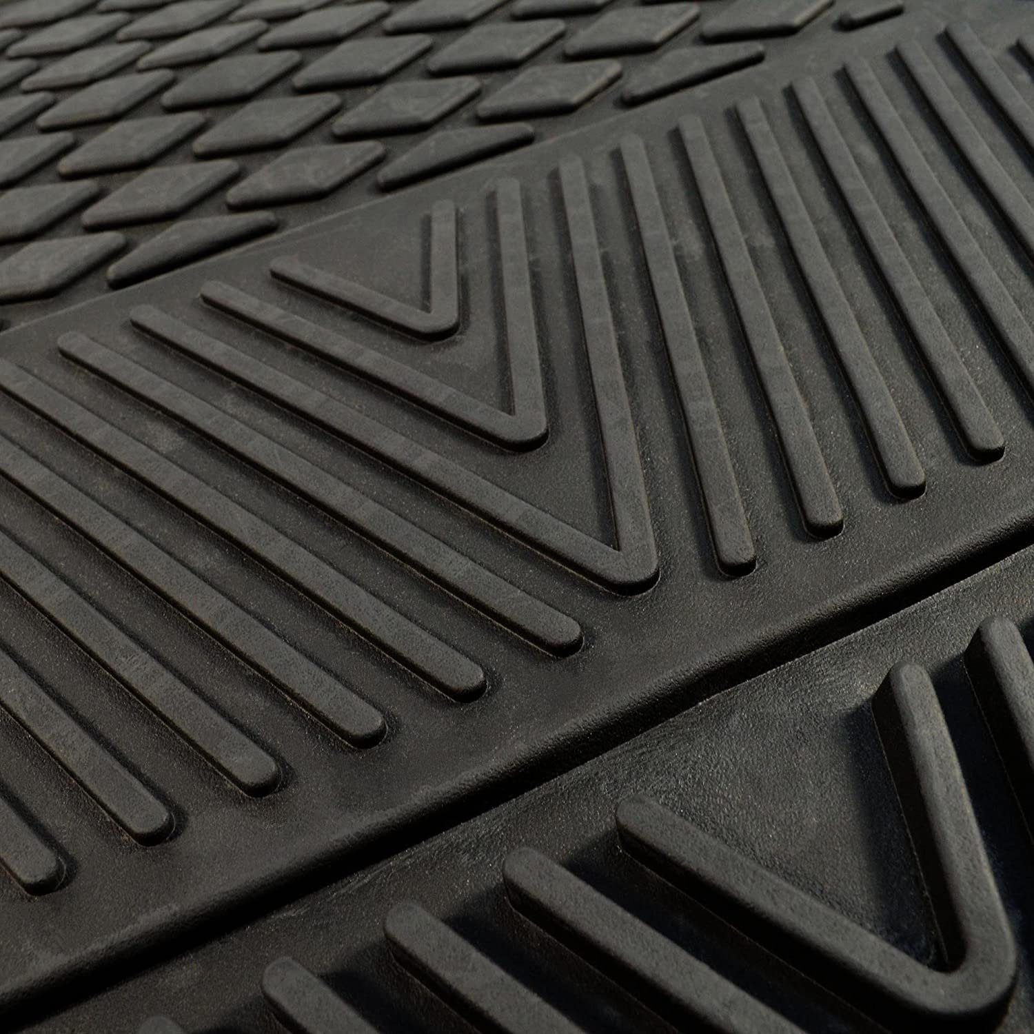 Close-up of heavy duty vinyl car mats with textured surface for traction and dirt trapping.