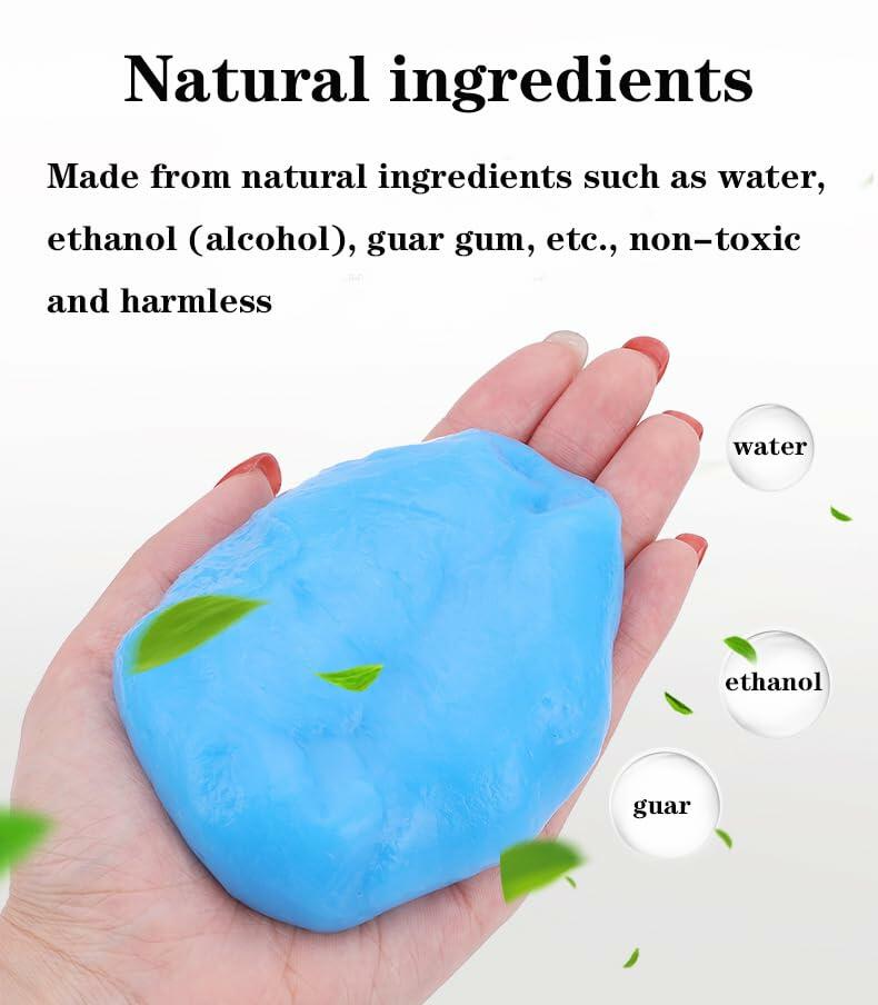 Hand holding blue car cleaning gel made from natural ingredients like water, ethanol, and guar gum.