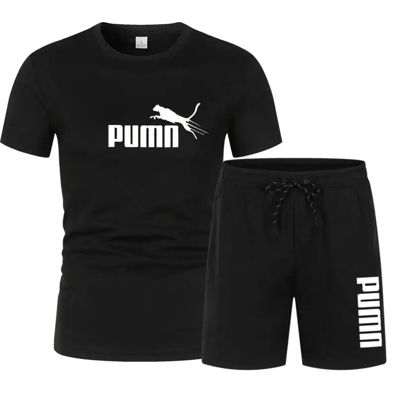 Pumn shirt and shorts set in black, designed for active lifestyle, featuring drawstring pants and fashionable print. activewear shirt and shorts set.