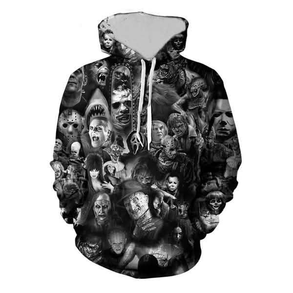 3D printed skull hoodies featuring an eye-catching design of various horror characters and skulls.