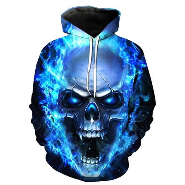3D printed skull hoodies featuring a vibrant blue and black skull design with an eye-catching all-over print.