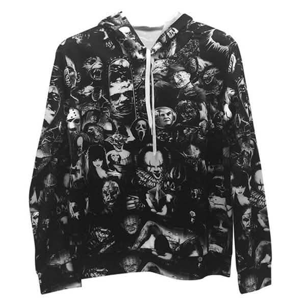 3D printed skull hoodies featuring a bold all-over print of various skulls and characters.