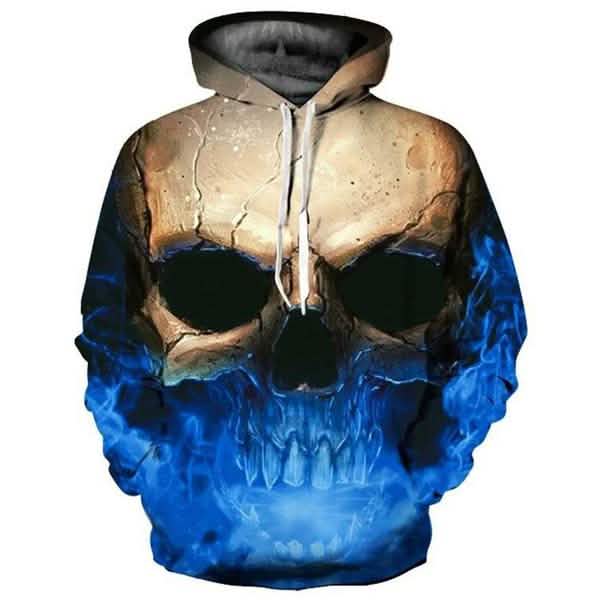 3D printed skull hoodies featuring a striking skull design surrounded by blue flames.