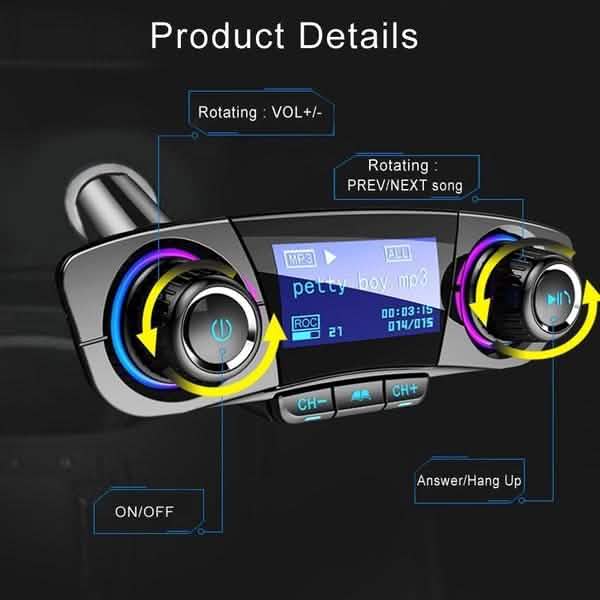 Bluetooth car charger transmitter with rotating volume and song controls, showcasing product details for drivers.